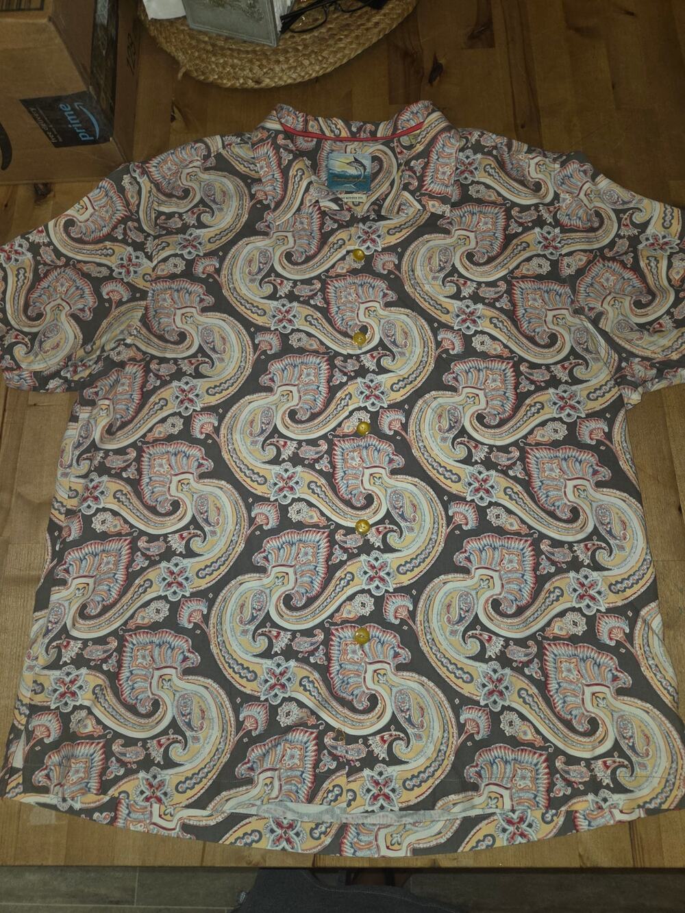 Tommy Bahama Mens XL Silk Shirt Brown Paisley Short Sleeve Camp Casual Button Up